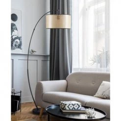 ATHM DESIGN Lampadaires Lampadaire Abat Jour Beige PVC Rotin Pied Métal -Lampadaires || Lustres || Guirlandes et décorations lumineuses Soldes lampadaire abat jour beige pvc rotin pied metal 1