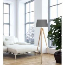 ATHM DESIGN Lampadaires Lampadaire Abat Jour Tissu Gris Et Pied Métal Effet Bois -Lampadaires || Lustres || Guirlandes et décorations lumineuses Soldes lampadaire abat jour tissu gris et pied metal effet bois 1
