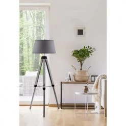 ATHM DESIGN Lampadaires Lampadaire Abat Jour Tissu Gris Et Pieds Bois -Lampadaires || Lustres || Guirlandes et décorations lumineuses Soldes lampadaire abat jour tissu gris et pieds bois 1