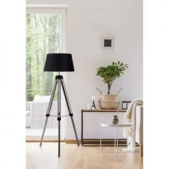 ATHM DESIGN Lampadaires Lampadaire Abat Jour Tissu Noir Et Pieds Bois -Lampadaires || Lustres || Guirlandes et décorations lumineuses Soldes lampadaire abat jour tissu noir et pieds bois 2