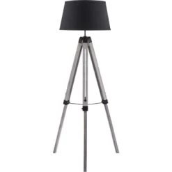 ATHM DESIGN Lampadaires Lampadaire Abat Jour Tissu Gris Et Pieds Bois -Lampadaires || Lustres || Guirlandes et décorations lumineuses Soldes lampadaire abat jour tissu noir et pieds bois