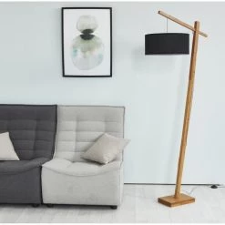 ATHM DESIGN Lampadaires Lampadaire Abat Jour Tissu Noir Pied Bois -Lampadaires || Lustres || Guirlandes et décorations lumineuses Soldes lampadaire abat jour tissu noir pied bois 2