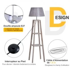 Homcom Lampadaires Lampadaire Design Contemporain 2 étagères H148 Cm Pin Lin Gris -Lampadaires || Lustres || Guirlandes et décorations lumineuses Soldes lampadaire design contemporain 2 etageres h148 cm pin lin gris 4