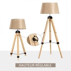 Homcom Lampadaires Lampadaire Trépied En Bois Hauteur Réglable 99-143 Cm Beige -Lampadaires || Lustres || Guirlandes et décorations lumineuses Soldes lampadaire trepied en bois hauteur reglable 99 143 cm beige 4