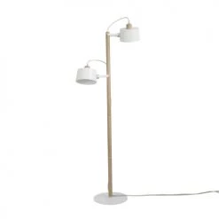 DIZY Design Lampadaires Luminaire à Poser Avec 2 Abat-jours En Chêne Et Métal Blanc